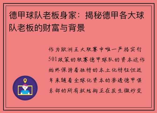 德甲球队老板身家：揭秘德甲各大球队老板的财富与背景