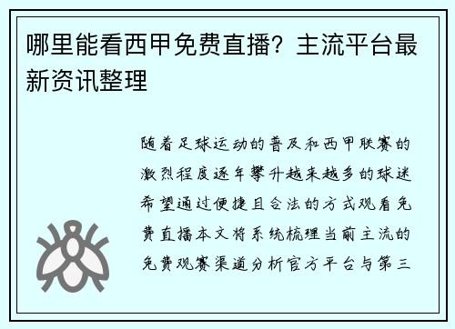 哪里能看西甲免费直播？主流平台最新资讯整理