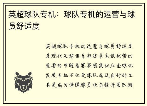 英超球队专机：球队专机的运营与球员舒适度